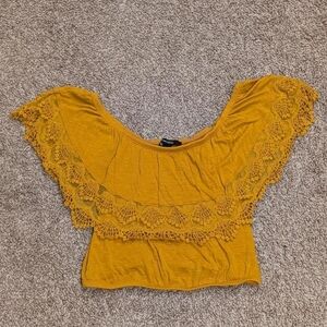 Forever 21 Mustard Yellow Off-the-Shoulder Lace Crochet Overlay Crop Top